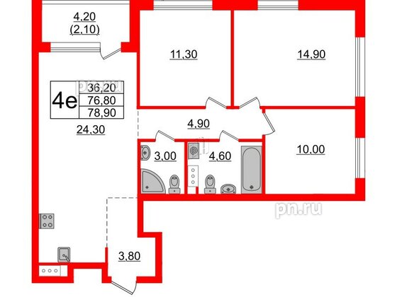 Квартира в ЖК А101 Лаголово, 3 комнатная, 78.9 м², 4 этаж