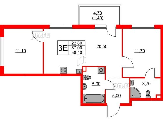 Квартира в ЖК А101 Лаголово, 2 комнатная, 58.4 м², 2 этаж