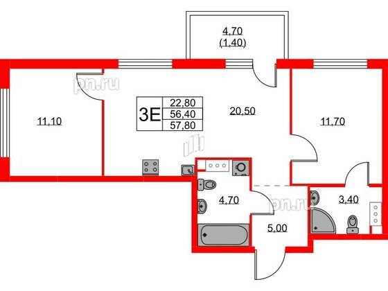 Квартира в ЖК А101 Лаголово, 2 комнатная, 57.8 м², 6 этаж