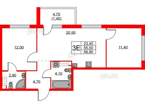 Квартира в ЖК А101 Лаголово, 2 комнатная, 56.9 м², 9 этаж