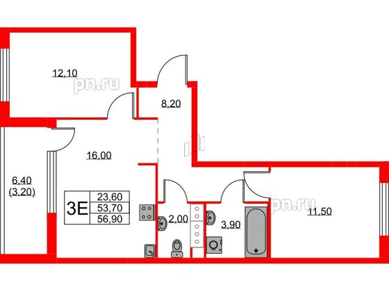 Квартира в ЖК А101 Лаголово, 2 комнатная, 56.9 м², 10 этаж