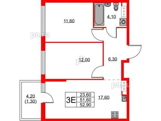 Квартира в ЖК А101 Лаголово, 2 комнатная, 52.9 м², 9 этаж