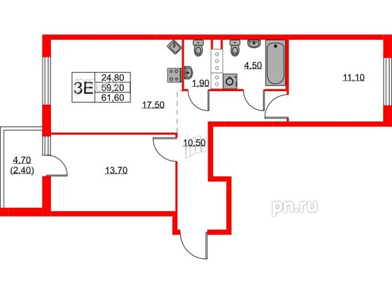 Квартира в ЖК А101 Лаголово, 2 комнатная, 61.6 м², 7 этаж