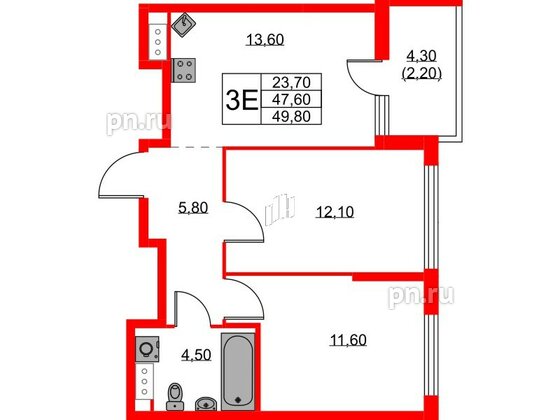 Квартира в ЖК А101 Лаголово, 2 комнатная, 49.8 м², 8 этаж