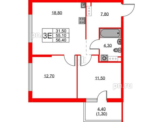 Квартира в ЖК А101 Лаголово, 2 комнатная, 56.4 м², 8 этаж