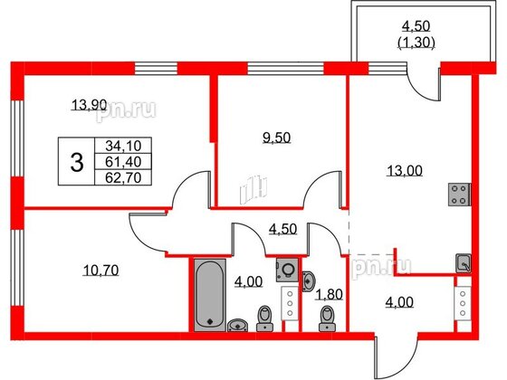 Квартира в ЖК А101 Лаголово, 3 комнатная, 62.7 м², 11 этаж