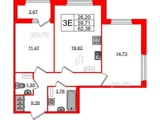 Квартира в ЖК Квартал Б15, 2 комнатная, 59.71 м², 6 этаж