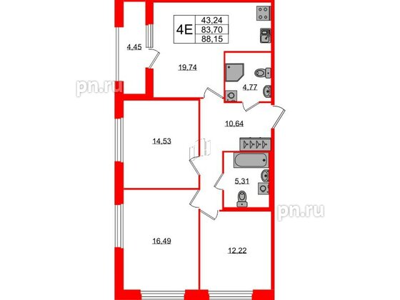 Квартира в ЖК Квартал Б15, 3 комнатная, 83.7 м², 2 этаж