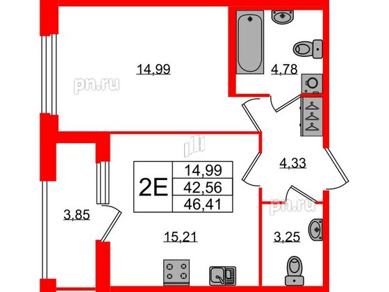 Квартира в ЖК Квартал Б15, 1 комнатная, 42.56 м², 2 этаж