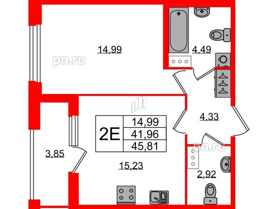 Квартира в ЖК Квартал Б15, 1 комнатная, 41.96 м², 4 этаж