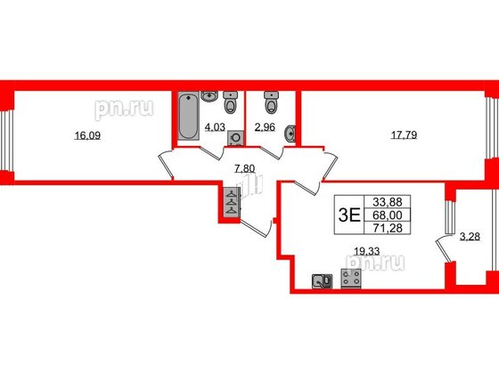 Квартира в ЖК Квартал Б15, 2 комнатная, 68 м², 2 этаж