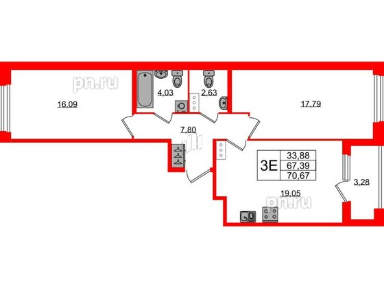 Квартира в ЖК Квартал Б15, 2 комнатная, 67.39 м², 4 этаж