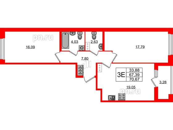 Квартира в ЖК Квартал Б15, 2 комнатная, 67.39 м², 6 этаж