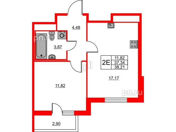 Квартира в ЖК Лето, 1 комнатная, 38.21 м², 2 этаж