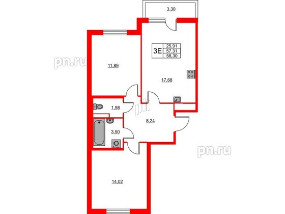 Квартира в ЖК Лето, 2 комнатная, 58.3 м², 2 этаж