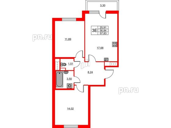 Квартира в ЖК Лето, 2 комнатная, 57.83 м², 14 этаж