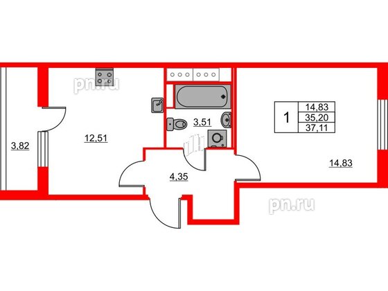 Квартира в ЖК «Лето», 1 комнатная, 37.11 м², 5 этаж