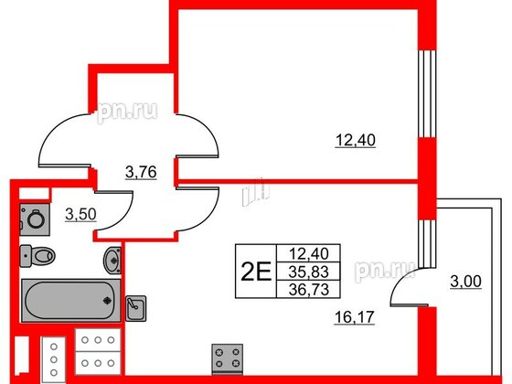 Квартира в ЖК Лето, 1 комнатная, 36.73 м², 9 этаж