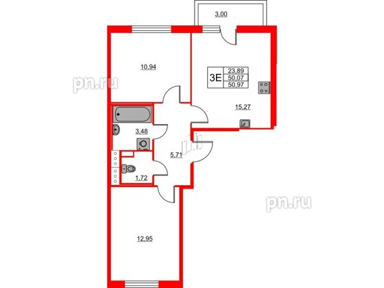 Квартира в ЖК Лето, 2 комнатная, 50.97 м², 7 этаж