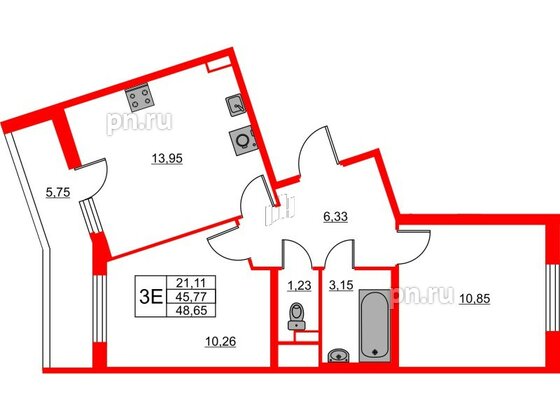 Квартира в ЖК Лето, 2 комнатная, 48.65 м², 2 этаж