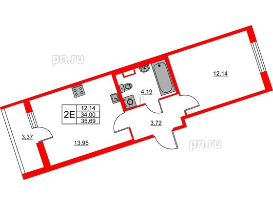 Квартира в ЖК Лето, 1 комнатная, 35.69 м², 2 этаж