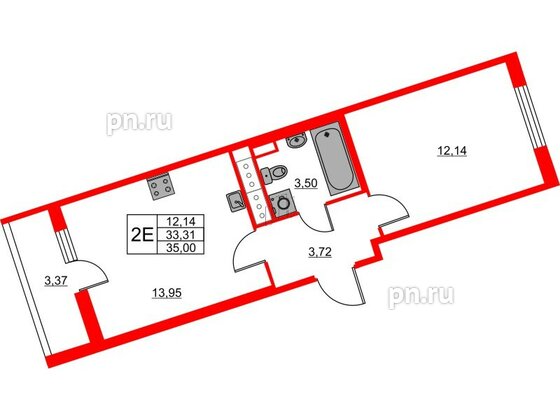 Квартира в ЖК «Лето», 1 комнатная, 35 м², 9 этаж