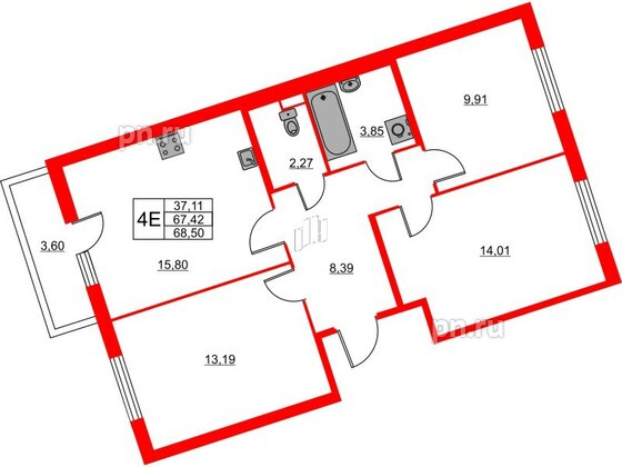 Квартира в ЖК Лето, 3 комнатная, 68.5 м², 2 этаж