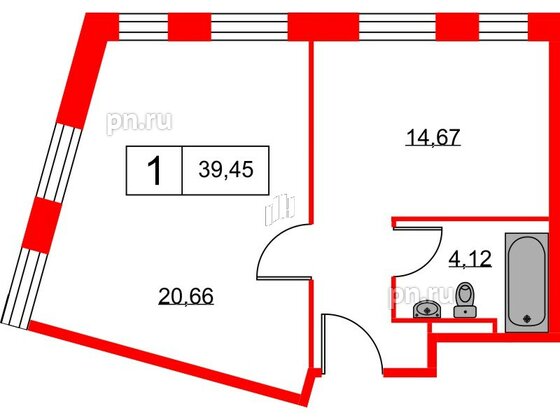 Апартаменты в ЖК Вольта, 1 комнатные, 39.45 м², 2 этаж