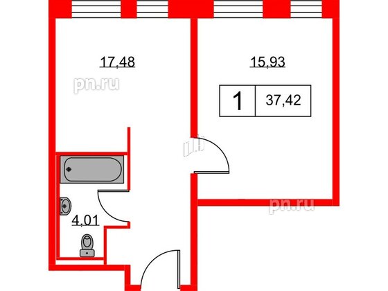 Апартаменты в ЖК Вольта, 1 комнатные, 37.42 м², 2 этаж