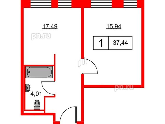 Апартаменты в ЖК Вольта, 1 комнатные, 37.44 м², 10 этаж