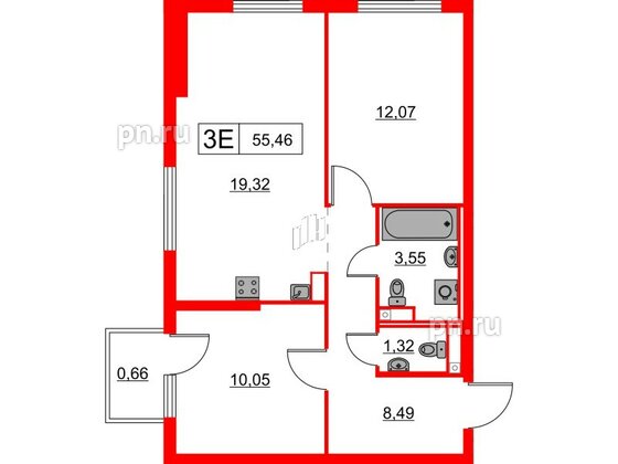 Квартира в ЖК Заречный парк, 2 комнатная, 55.46 м², 4 этаж