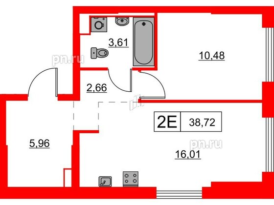 Квартира в ЖК Заречный парк, 1 комнатная, 38.72 м², 1 этаж