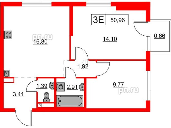 Квартира в ЖК Заречный парк, 2 комнатная, 50.96 м², 9 этаж