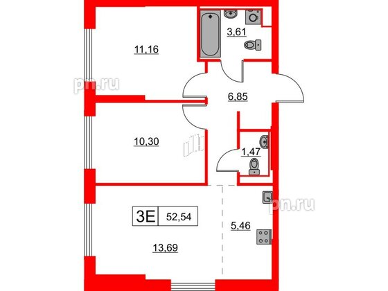 Квартира в ЖК «Заречный парк», 2 комнатная, 52.54 м², 1 этаж