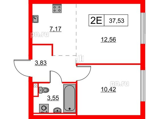 Квартира в ЖК Заречный парк, 1 комнатная, 37.53 м², 2 этаж