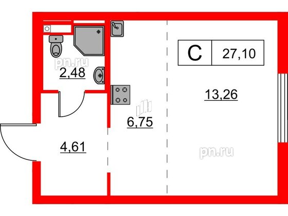 Квартира в ЖК Заречный парк, студия, 27.1 м², 2 этаж