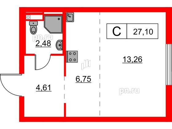 Квартира в ЖК Заречный парк, студия, 27.1 м², 5 этаж