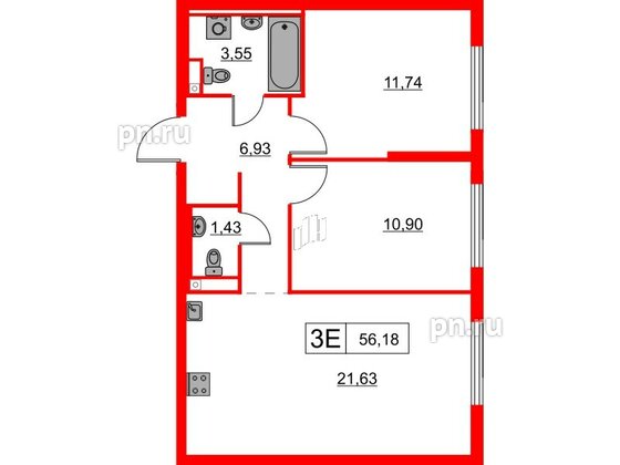 Квартира в ЖК Заречный парк, 2 комнатная, 56.18 м², 2 этаж