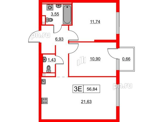 Квартира в ЖК Заречный парк, 2 комнатная, 56.84 м², 3 этаж