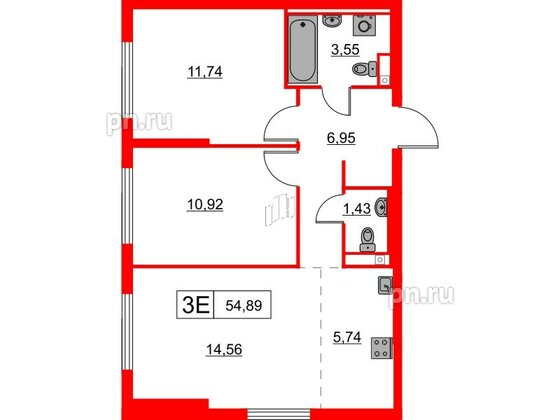 Квартира в ЖК Заречный парк, 2 комнатная, 54.89 м², 2 этаж