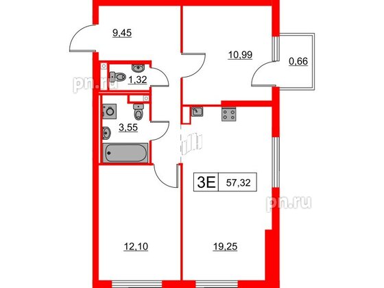 Квартира в ЖК Заречный парк, 2 комнатная, 57.32 м², 17 этаж