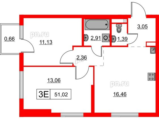 Квартира в ЖК Заречный парк, 2 комнатная, 51.02 м², 3 этаж