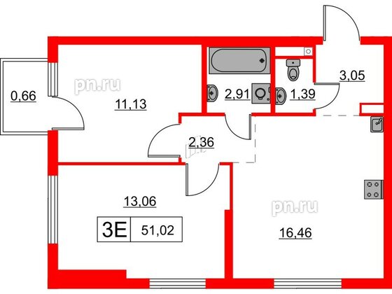 Квартира в ЖК Заречный парк, 2 комнатная, 51.02 м², 17 этаж