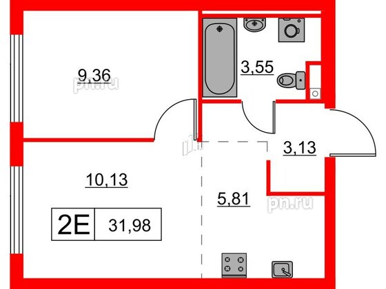 Квартира в ЖК Заречный парк, 1 комнатная, 31.98 м², 5 этаж