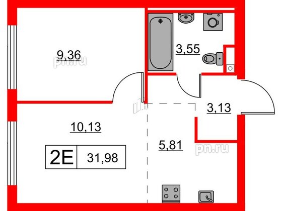 Квартира в ЖК Заречный парк, 1 комнатная, 31.98 м², 17 этаж