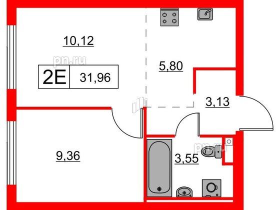 Квартира в ЖК Заречный парк, 1 комнатная, 31.96 м², 8 этаж