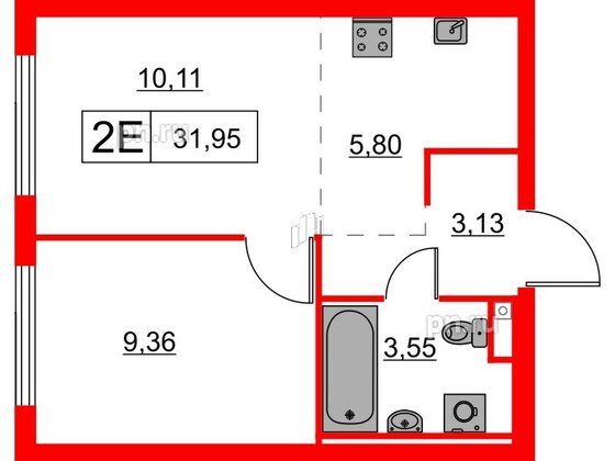 Квартира в ЖК Заречный парк, 1 комнатная, 31.95 м², 17 этаж