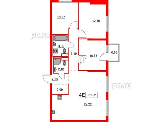 Квартира в ЖК Заречный парк, 3 комнатная, 78.52 м², 11 этаж