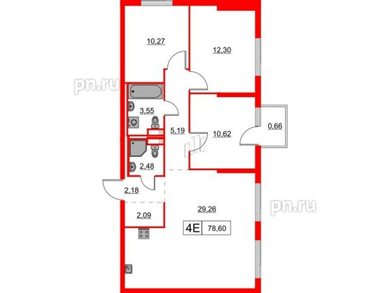 Квартира в ЖК Заречный парк, 3 комнатная, 78.6 м², 16 этаж