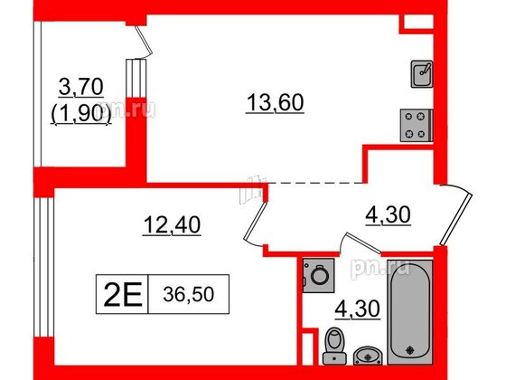 Квартира в ЖК А101 Всеволожск, 1 комнатная, 36.5 м², 2 этаж